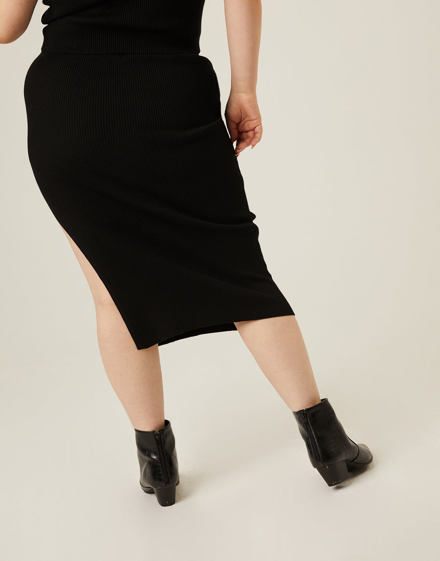 Curve Rib Knit Midi Skirt Plus Size Bottoms -2020AVE