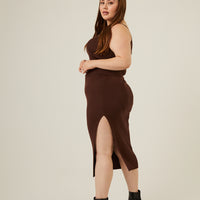 Curve Rib Knit Midi Skirt Plus Size Bottoms -2020AVE