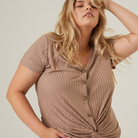 Curve Ribbed Button Tee Plus Size Tops -2020AVE