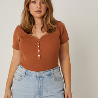 Curve Ribbed Snap Bodysuit Plus Size Tops -2020AVE