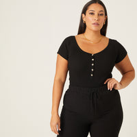 Curve Ribbed Snap Bodysuit Plus Size Tops Black 1XL -2020AVE