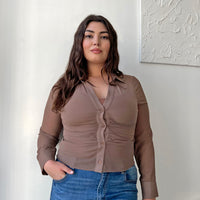 Curve Ruched Button Up Shirt Plus Size Tops Brown 1XL -2020AVE