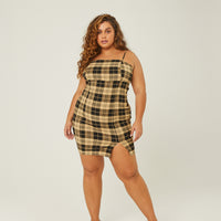 Curve Plaid Straight Neck Mini Dress Plus Size Dresses Taupe 1XL -2020AVE