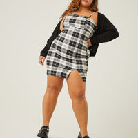 Curve Plaid Straight Neck Mini Dress Plus Size Dresses White 1XL -2020AVE