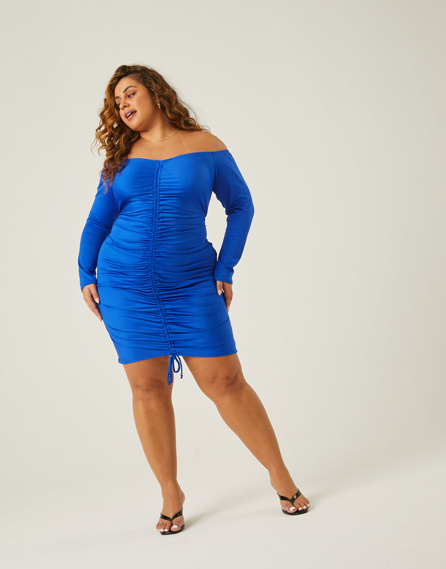 Curve Ruched Front 3/4 Sleeve Dress Plus Size Dresses Blue 1XL -2020AVE