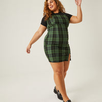 Curve Plaid Straight Neck Mini Dress Plus Size Dresses Olive 1XL -2020AVE