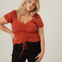 Curve Ruched Front Ribbed Tee Plus Size Tops Rust 1XL -2020AVE