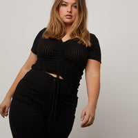 Curve Ruched Knit Tee Shirt Plus Size Tops Black 1XL -2020AVE