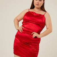 Curve Ruched Satin Mini Dress Plus Size Dresses Red 1XL -2020AVE