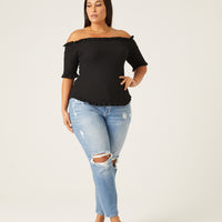 Curve Ruffle Edge Sweater Top Plus Size Tops Black 1XL -2020AVE