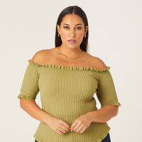 Curve Ruffle Edge Sweater Top Plus Size Tops Green 1XL -2020AVE