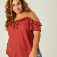 Curve Ruffle Neckline Chiffon Top Plus Size Tops Rust 1XL -2020AVE