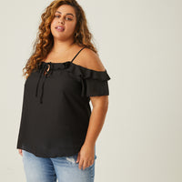 Curve Ruffle Neckline Chiffon Top Plus Size Tops Black 1XL -2020AVE