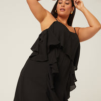 Curve Ruffle Sleeveless Crepe Jumpsuit Plus Size Rompers + Jumpsuits Black 1XL -2020AVE