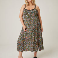 Curve Ruffle Strap Floral Sundress Plus Size Dresses Black 1XL -2020AVE