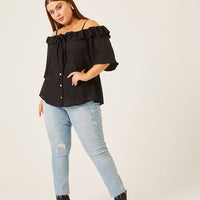 Curve Ruffled Cold Shoulder Top Plus Size Tops Black 1XL -2020AVE