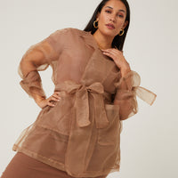 Curve Sheer Belted Cardigan Plus Size Outerwear -2020AVE