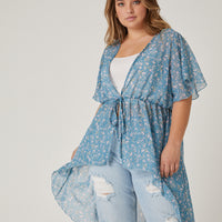 Curve Sheer Floral Tie Front Top Plus Size Tops Blue 1XL -2020AVE