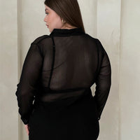 Curve Sheer Ribbed Button Up Shirt Plus Size Tops -2020AVE