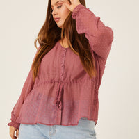 Curve Sheer Swiss Dot Blouse Plus Size Tops Mauve 1XL -2020AVE