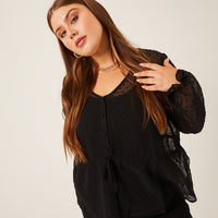 Curve Sheer Swiss Dot Blouse Plus Size Tops Black 1XL -2020AVE