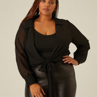 Curve Sheer Tie Front Top Plus Size Tops Black 1XL -2020AVE