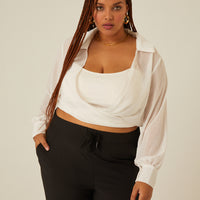 Curve Sheer Tie Front Top Plus Size Tops White 1XL -2020AVE