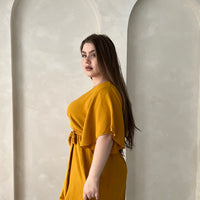 Curve Short Sleeve High Low Dress Plus Size Dresses Mustard 1XL -2020AVE