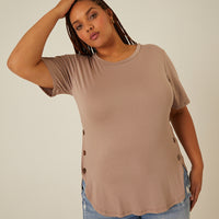 Curve Side Button Tee Plus Size Tops Taupe 1XL -2020AVE