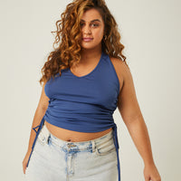 Curve Side Ruched Halter Top Plus Size Tops Navy 1XL -2020AVE