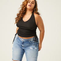 Curve Side Ruched Halter Top Plus Size Tops -2020AVE
