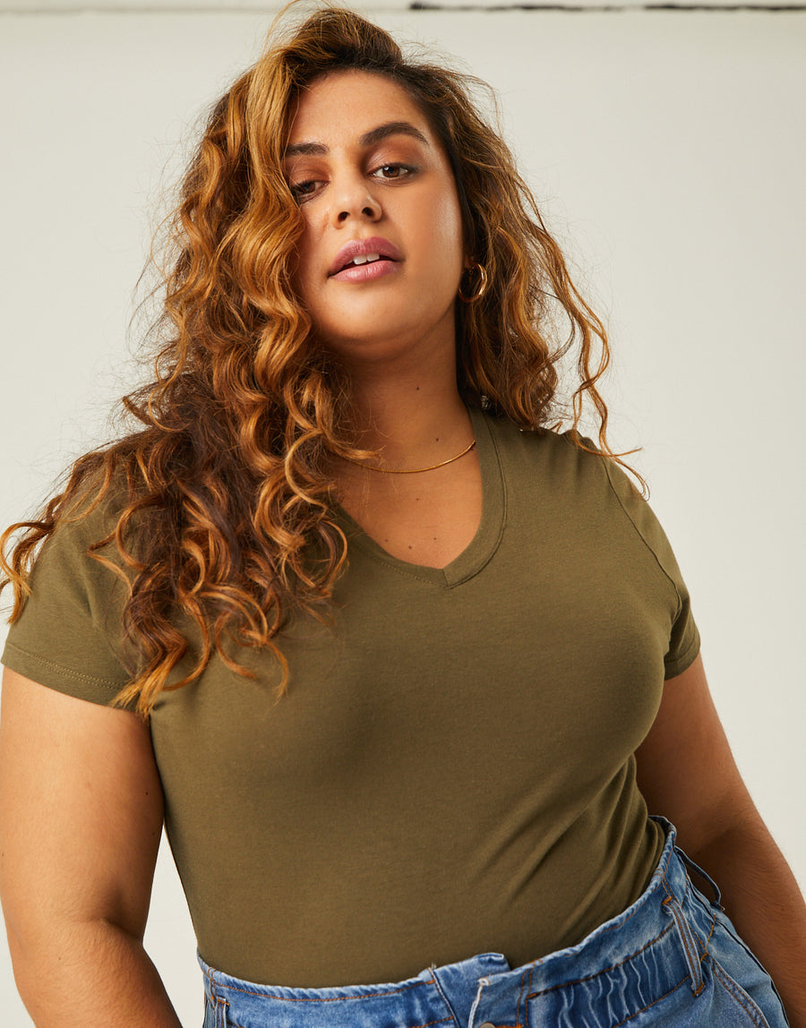 Curve Simple Loose Tee Plus Size Tops Olive XL -2020AVE
