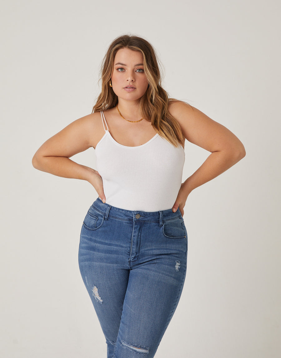 Curve Simple Ribbed Bodysuit Plus Size Tops White 1XL -2020AVE