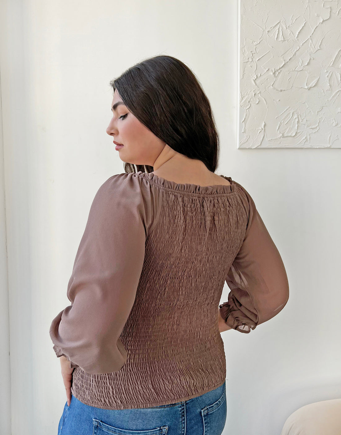 Curve Smocked Back Long Sleeve Blouse Plus Size Tops -2020AVE