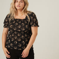 Curve Smocked Chiffon Floral Blouse Plus Size Tops -2020AVE