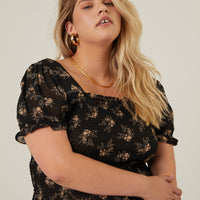 Curve Smocked Chiffon Floral Blouse Plus Size Tops -2020AVE