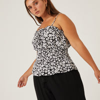 Curve Smocked Contrast Floral Tank Plus Size Tops Black 1XL -2020AVE