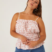 Curve Smocked Contrast Floral Tank Plus Size Tops Mauve 1XL -2020AVE