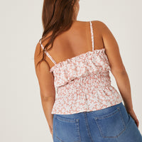 Curve Smocked Contrast Floral Tank Plus Size Tops -2020AVE