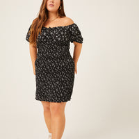 Curve Smocked Ditsy Floral Dress Plus Size Dresses Black 1XL -2020AVE