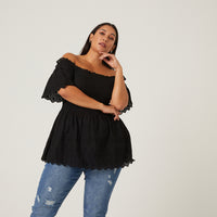 Curve Smocked Eyelet Lace Top Plus Size Tops -2020AVE