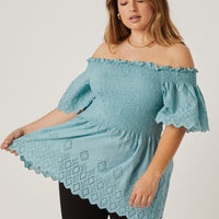 Curve Smocked Eyelet Lace Top Plus Size Tops Blue 1XL -2020AVE