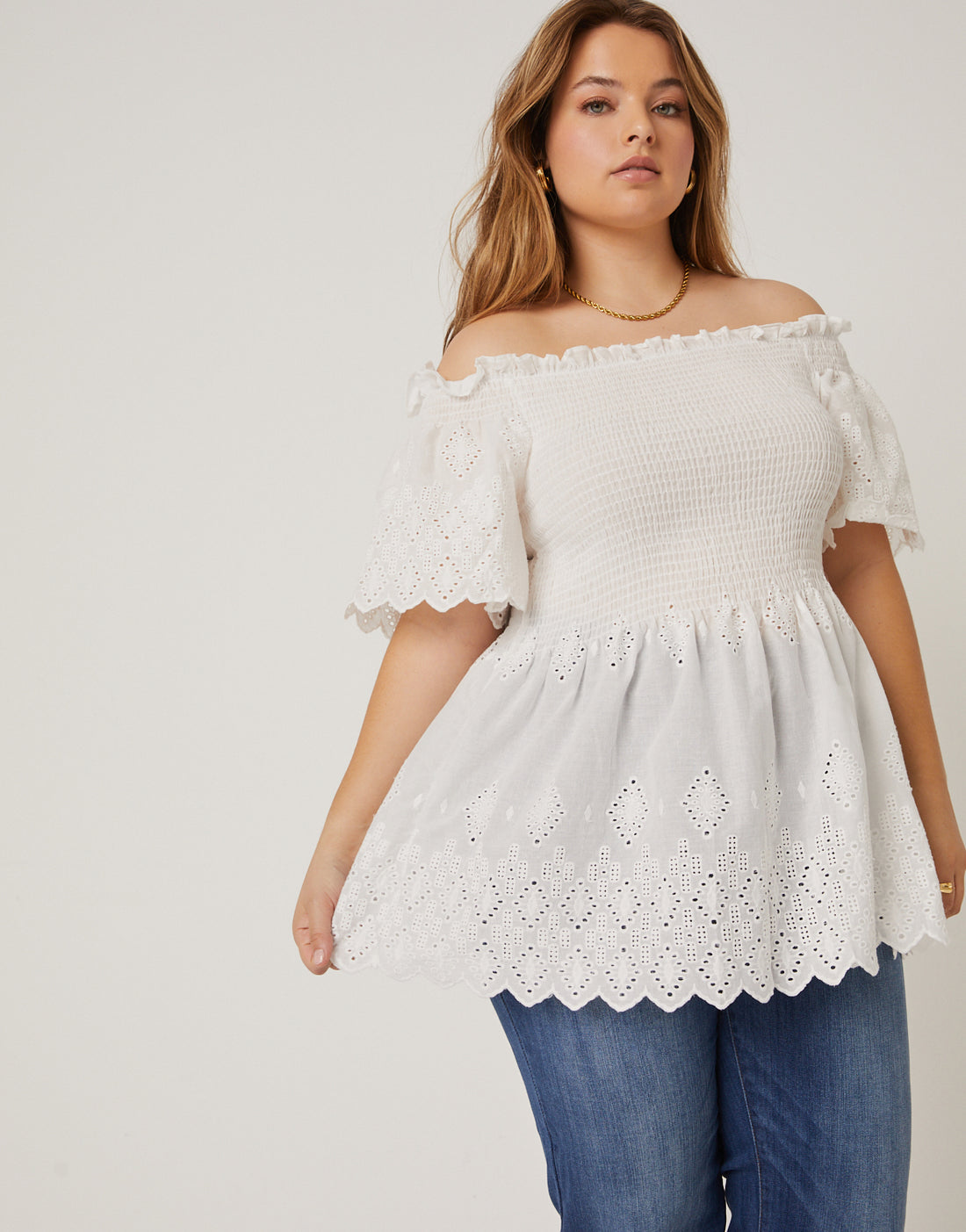 Curve Smocked Eyelet Lace Top Plus Size Tops White 1XL -2020AVE