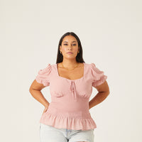 Curve Smocked Gathered Chiffon Top Plus Size Tops Pink 1XL -2020AVE