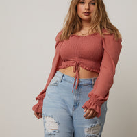 Curve Smocked Puff Sleeve Top Plus Size Tops Brick 1XL -2020AVE