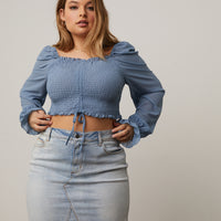 Curve Smocked Puff Sleeve Top Plus Size Tops Blue 1XL -2020AVE