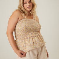 Curve Smocked Ruffle Floral Tank Plus Size Tops Ivory 1XL -2020AVE