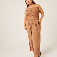 Curve Smocked Tie Belt Jumpsuit Plus Size Rompers + Jumpsuits Brown 1XL -2020AVE