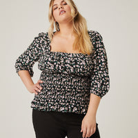 Curve Smocked Waist Floral Blouse Plus Size Tops -2020AVE