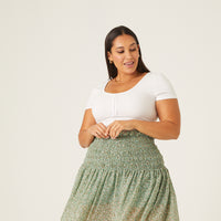 Curve Smocked Waist Floral Skirt Plus Size Bottoms Green 1XL -2020AVE